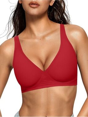 OEAK Deep V Wireless Bra Women’s Size S Red Seamless Comfort